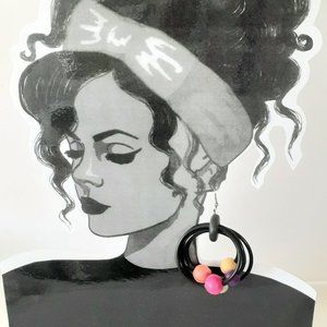 Vintage 1980s Black Multi-Colored Balls and Rings Large Dangle Pierced Earrings